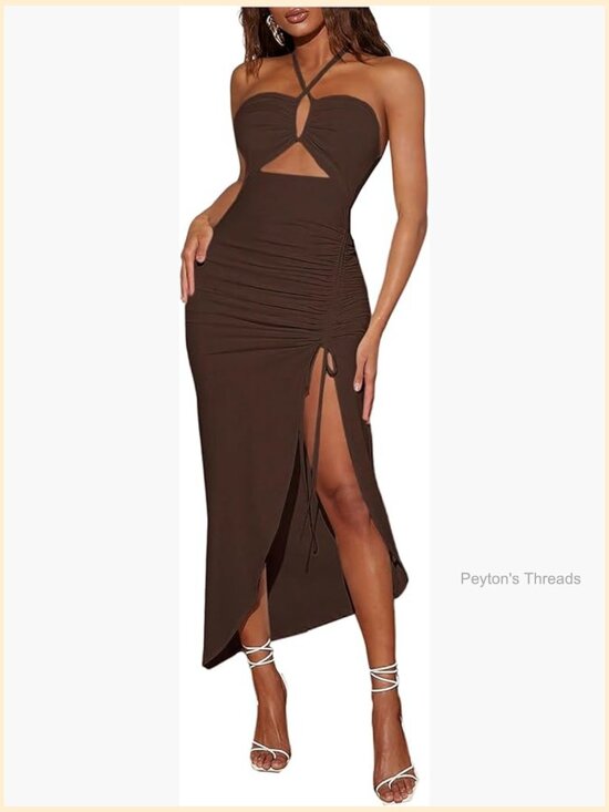 Dresses & Skirts - Cut Out Ruched Halter Bodycon Maxi Dress Drawstring Split Thigh